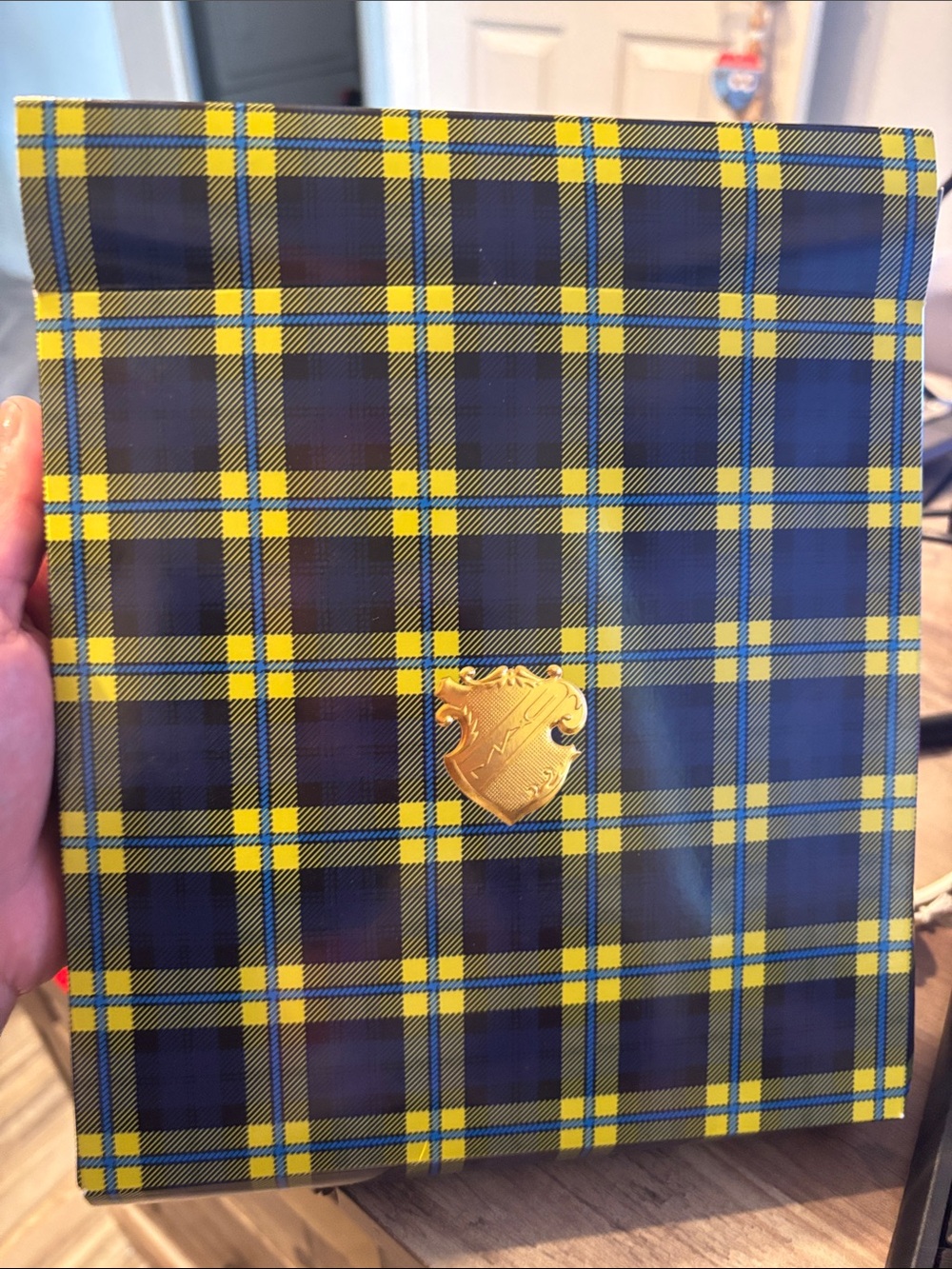 Nordstrom Navy and Yellow Plaid Accessory Folio with Gold Crest